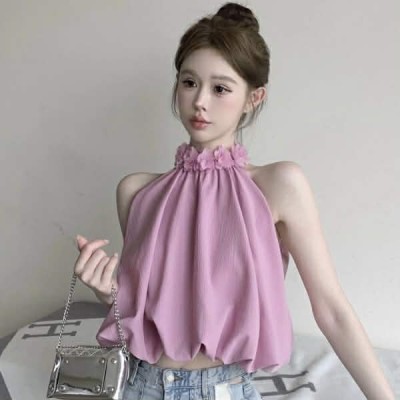 挂脖花苞短版上衣